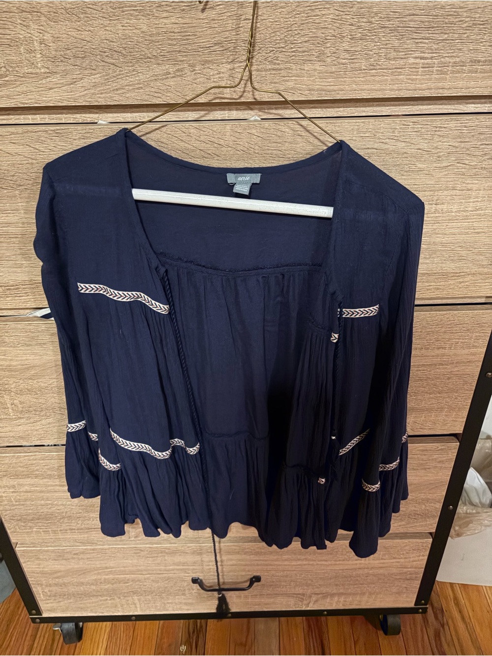 aerie Navy Peasant Tunic with Cream Contrast Stitching - Picture 3 of 3